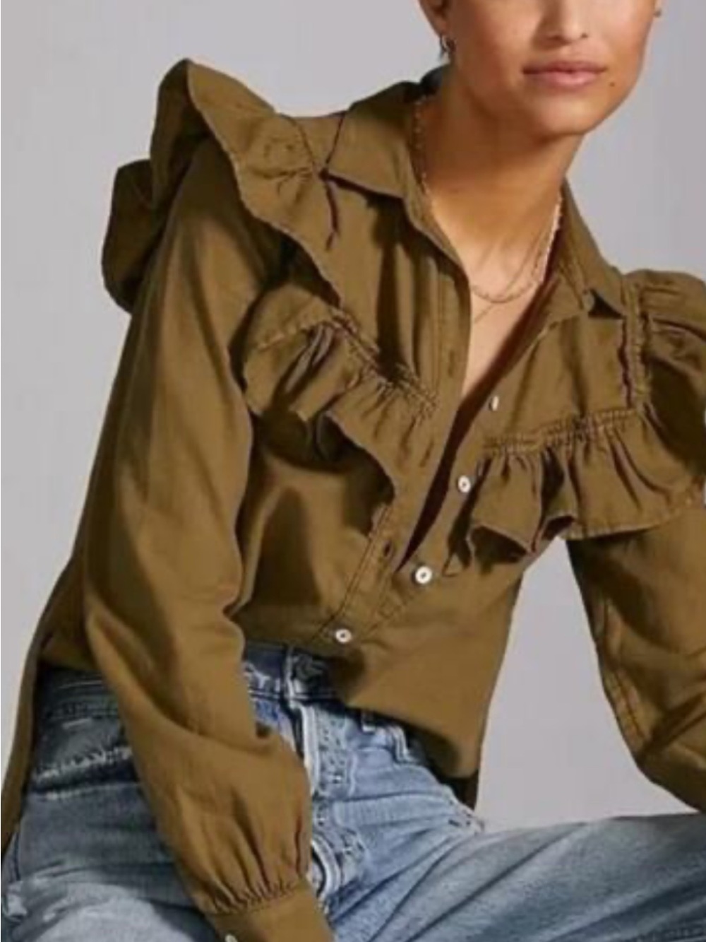 Anthropologie Olive Green Ruffle Button-Front Blouse